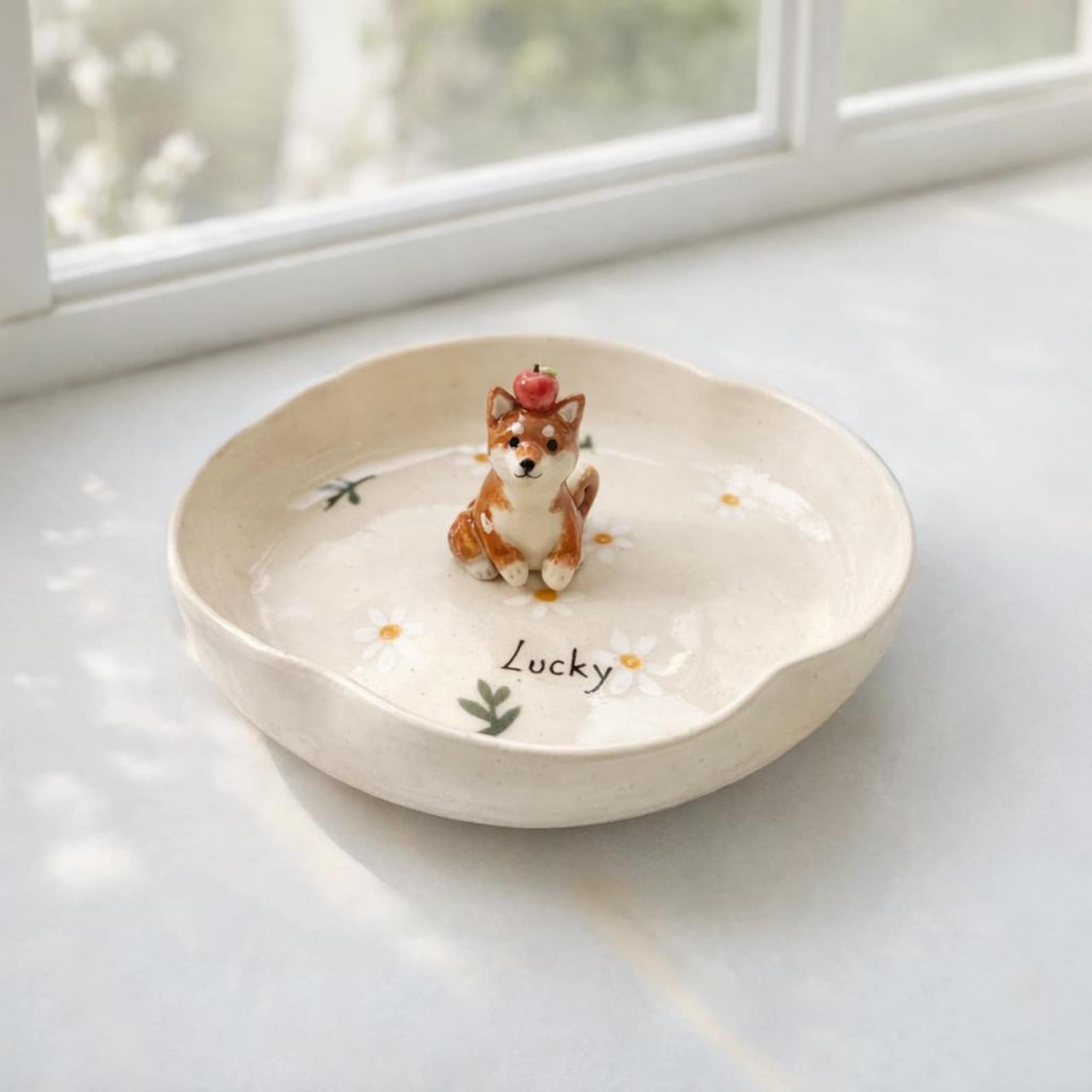 Custom 3D Sculpted Dog Figurine Ring Dish, Handpainted Ceramic Jewelry Tray