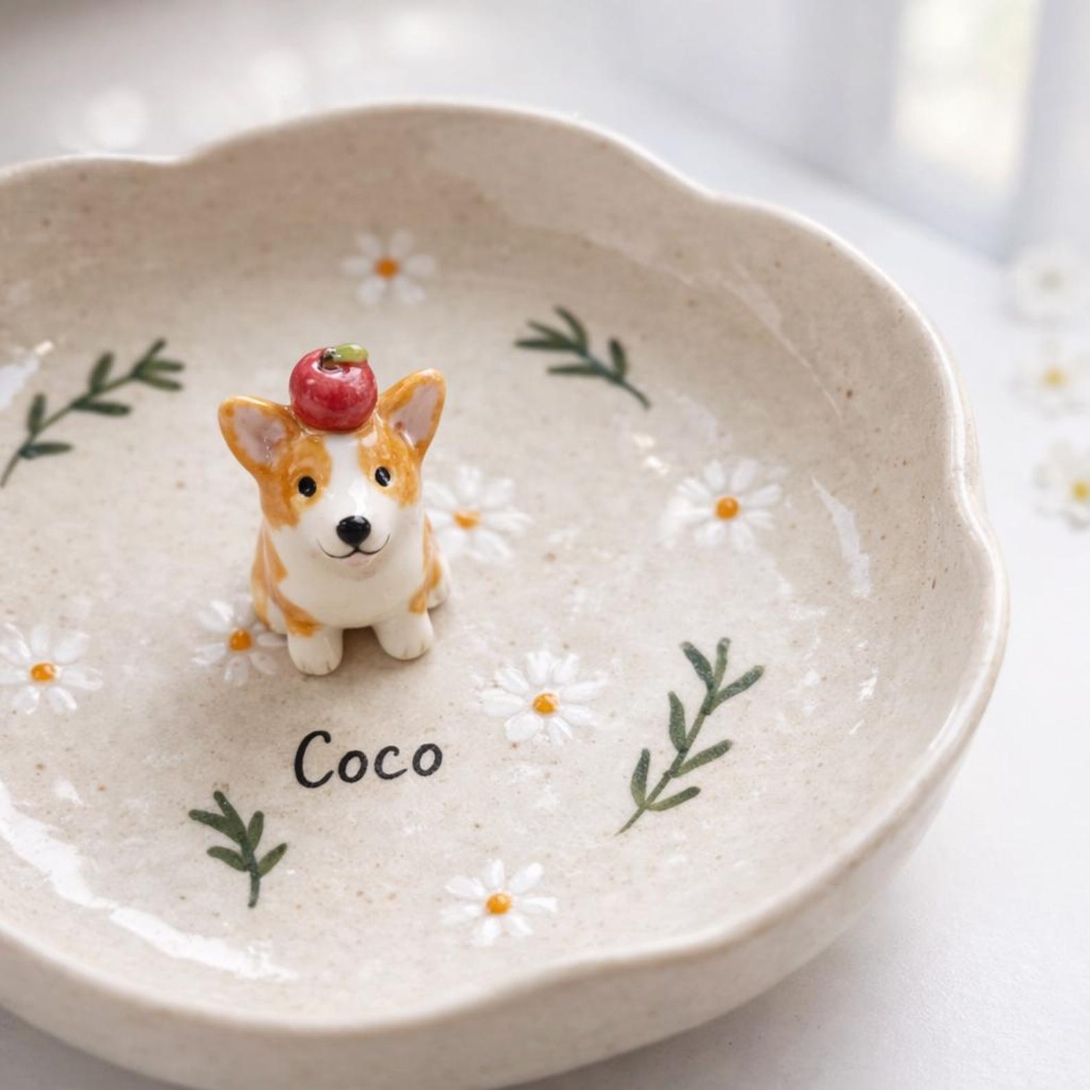Custom 3D Pet Ring Dish, Daisy Ceramic Jewelry Tray, Hand-sculpted Dog Portrait Trinket Bowl