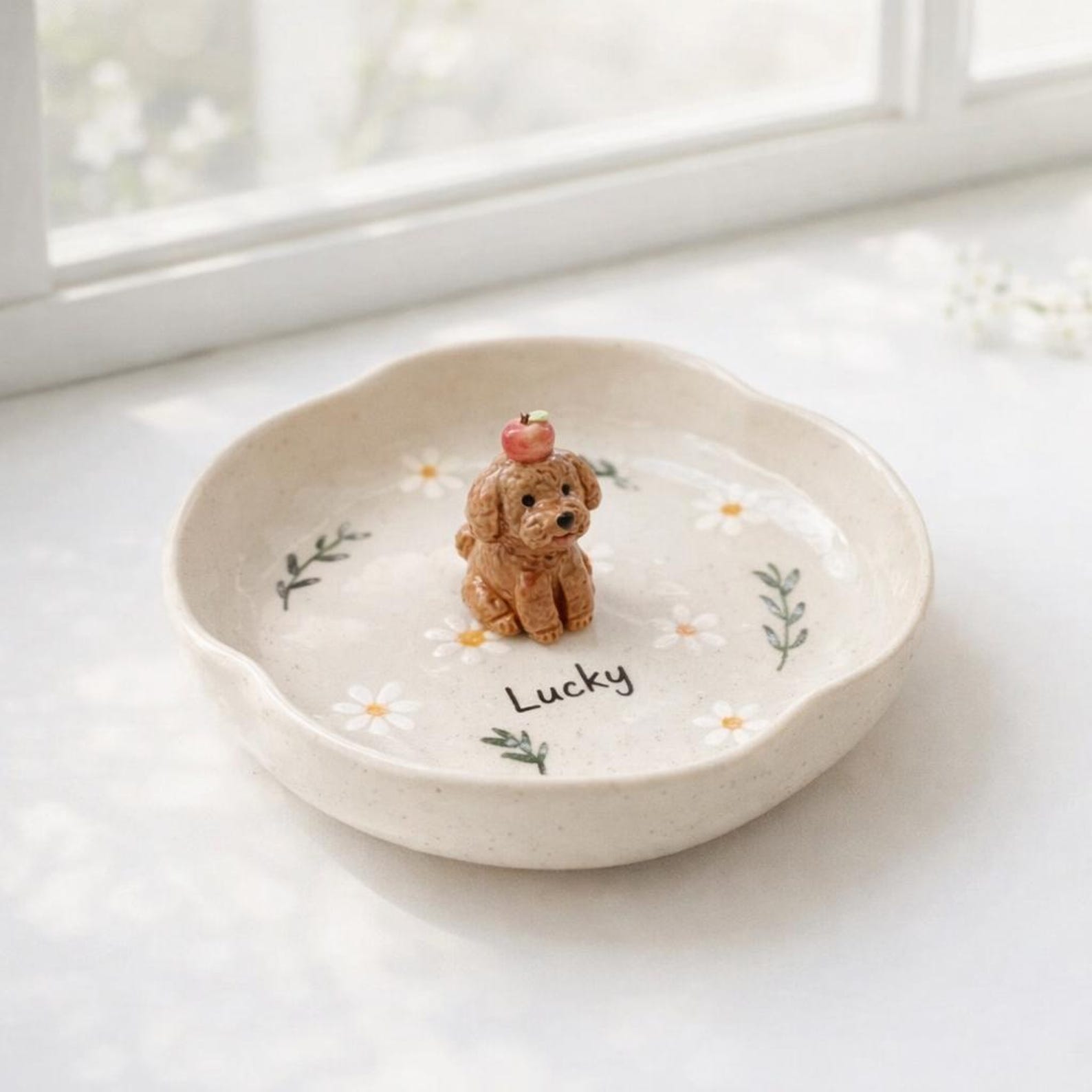 Custom 3D Pet Ring Dish, Daisy Ceramic Jewelry Tray, Hand-sculpted Dog Portrait Trinket Bowl