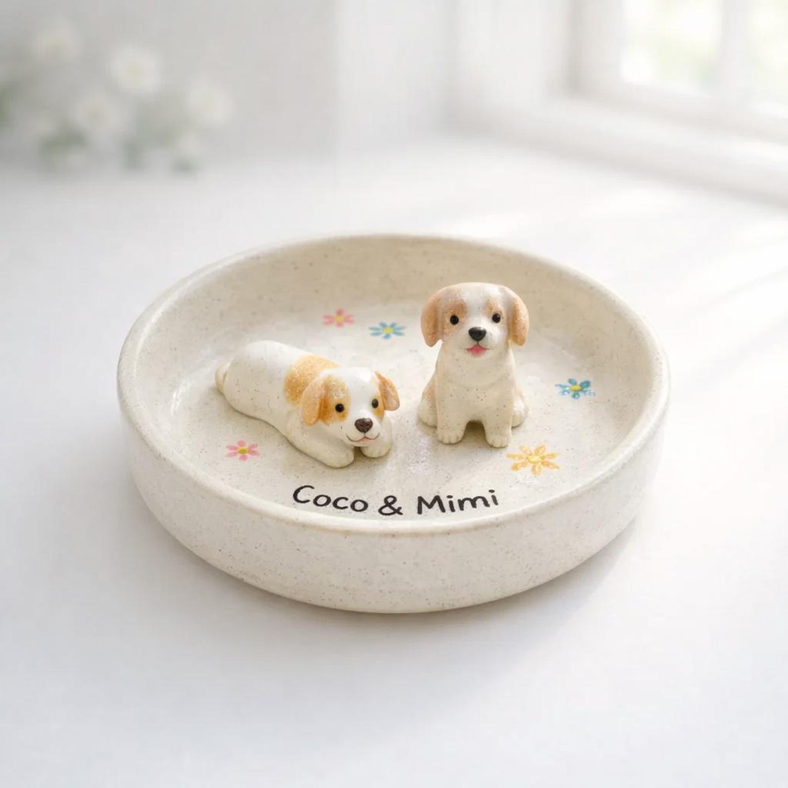 Personalized Ceramic Dog Bowl | 3D Sculpted Pet Name Dish, Hand-Painted Floral Accents