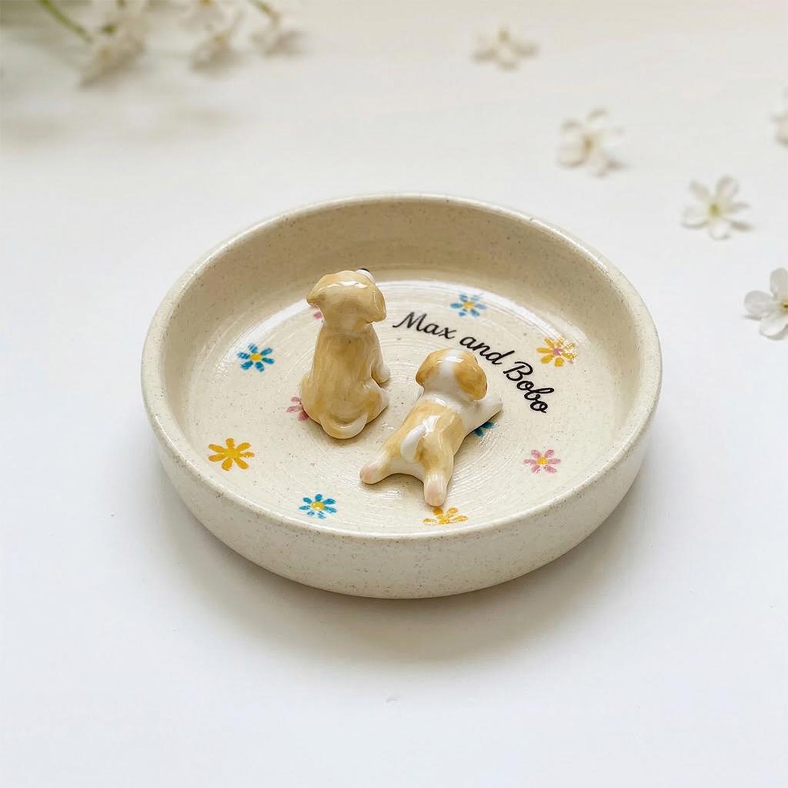 Personalized Ceramic Dog Bowl | 3D Sculpted Pet Name Dish, Hand-Painted Floral Accents