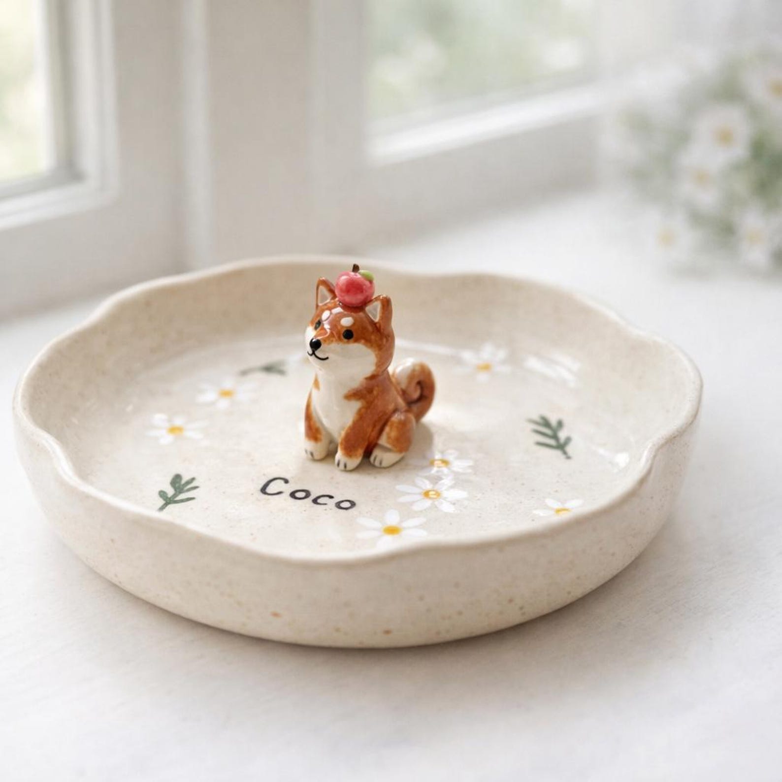 Custom 3D Sculpted Dog Figurine Ring Dish, Handpainted Ceramic Jewelry Tray