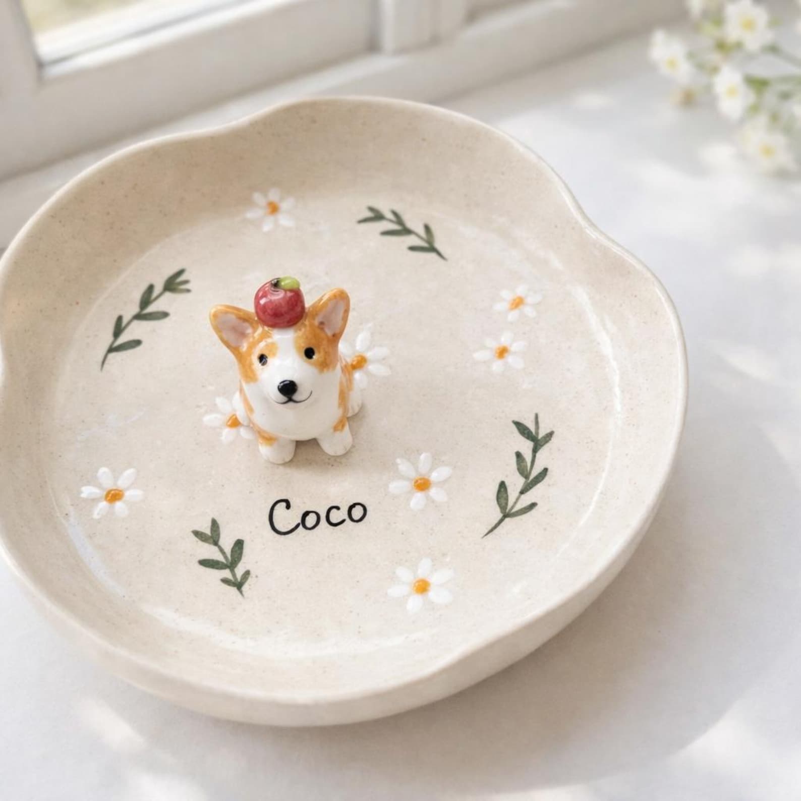Custom 3D Pet Ring Dish, Daisy Ceramic Jewelry Tray, Hand-sculpted Dog Portrait Trinket Bowl