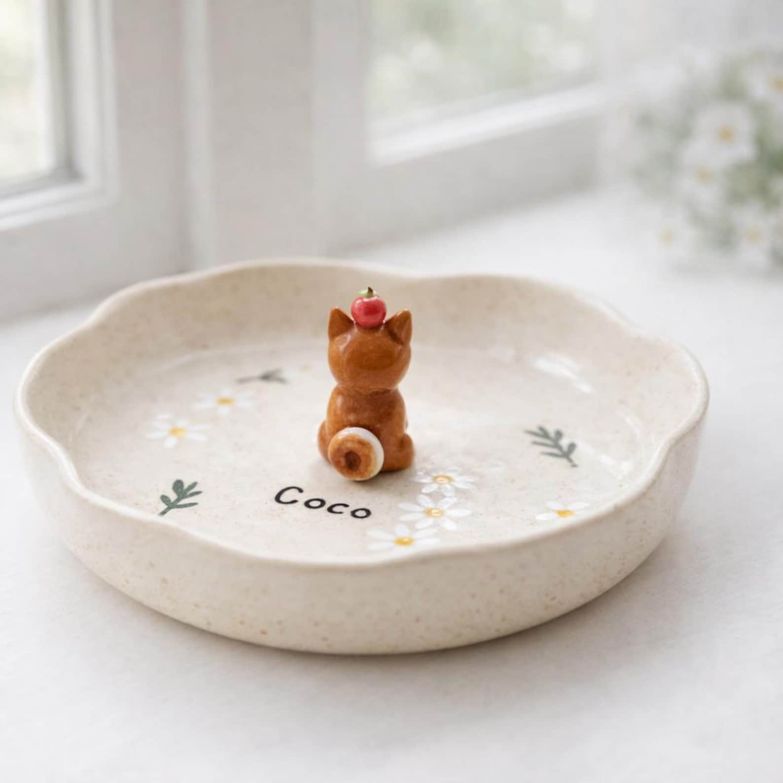 Custom 3D Pet Ring Dish, Daisy Ceramic Jewelry Tray, Hand-sculpted Dog Portrait Trinket Bowl