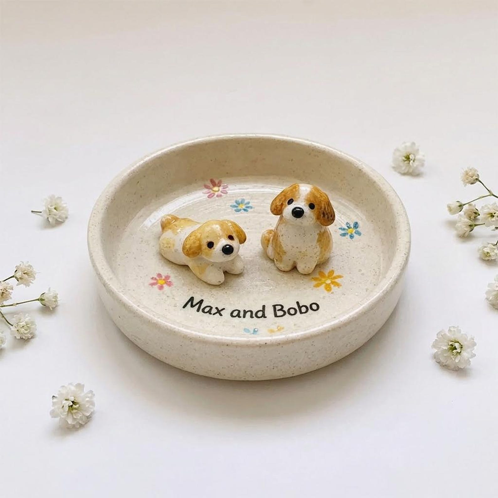 Personalized Ceramic Dog Bowl | 3D Sculpted Pet Name Dish, Hand-Painted Floral Accents