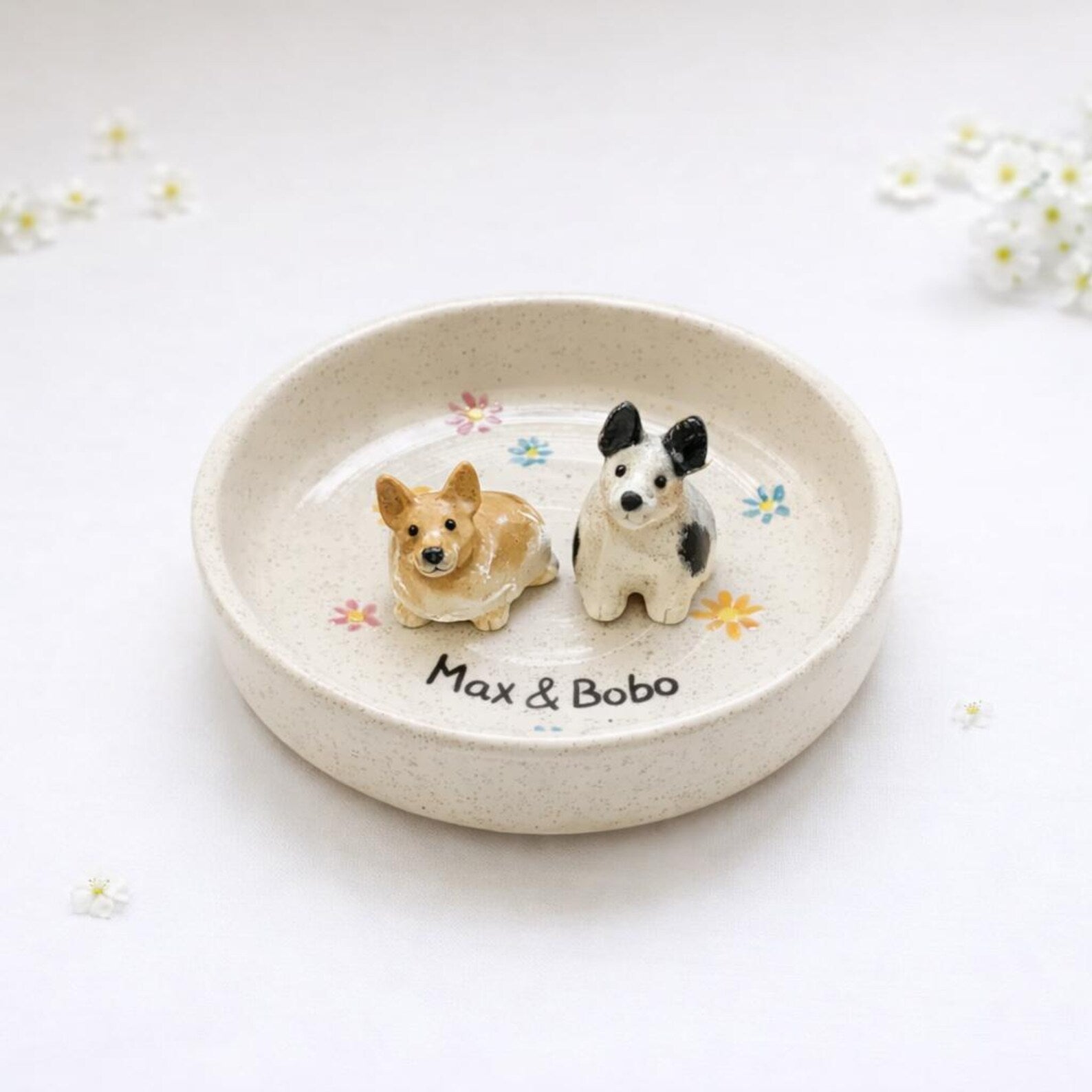 Personalized Ceramic Dog Bowl | 3D Sculpted Pet Name Dish, Hand-Painted Floral Accents