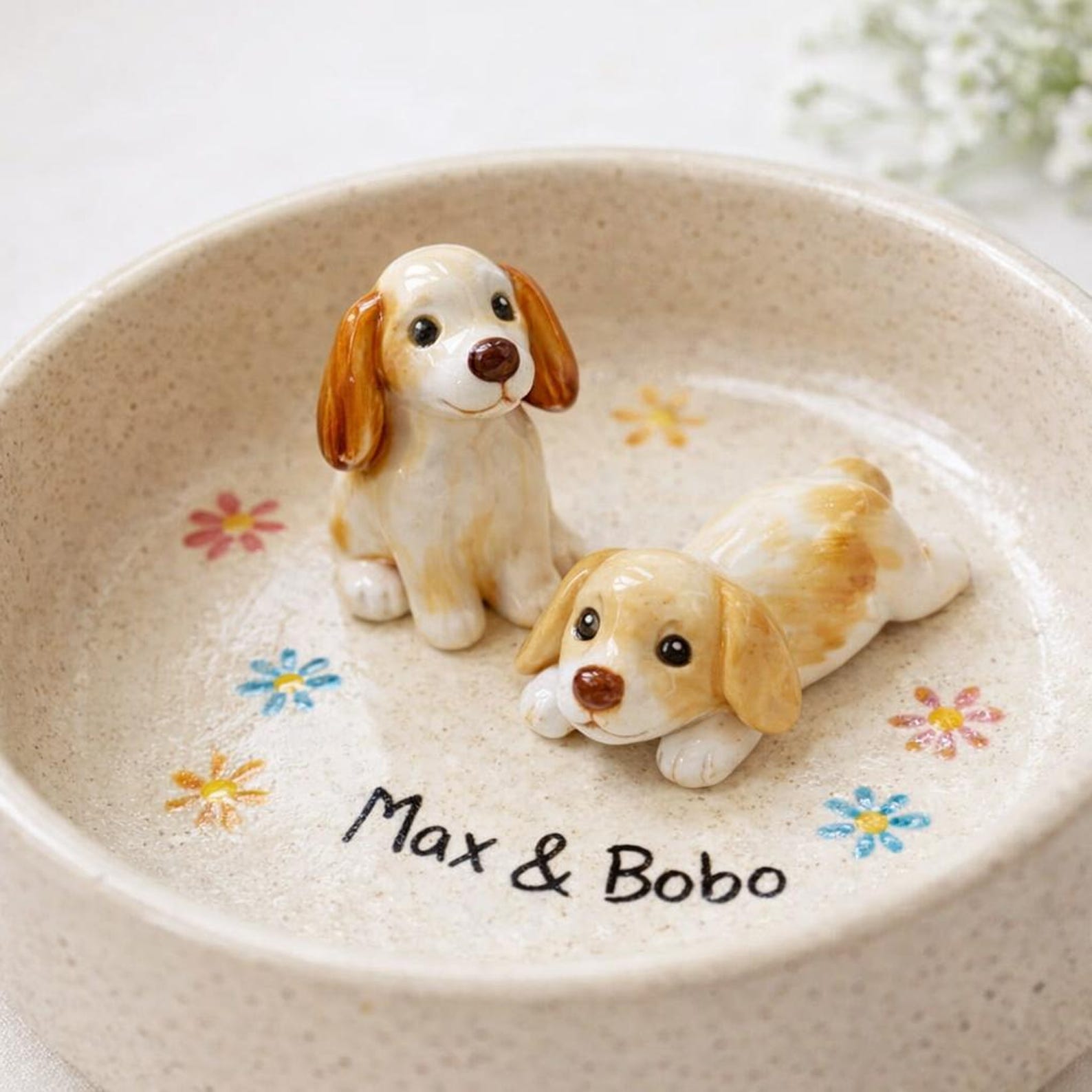 Personalized Ceramic Dog Bowl | 3D Sculpted Pet Name Dish, Hand-Painted Floral Accents
